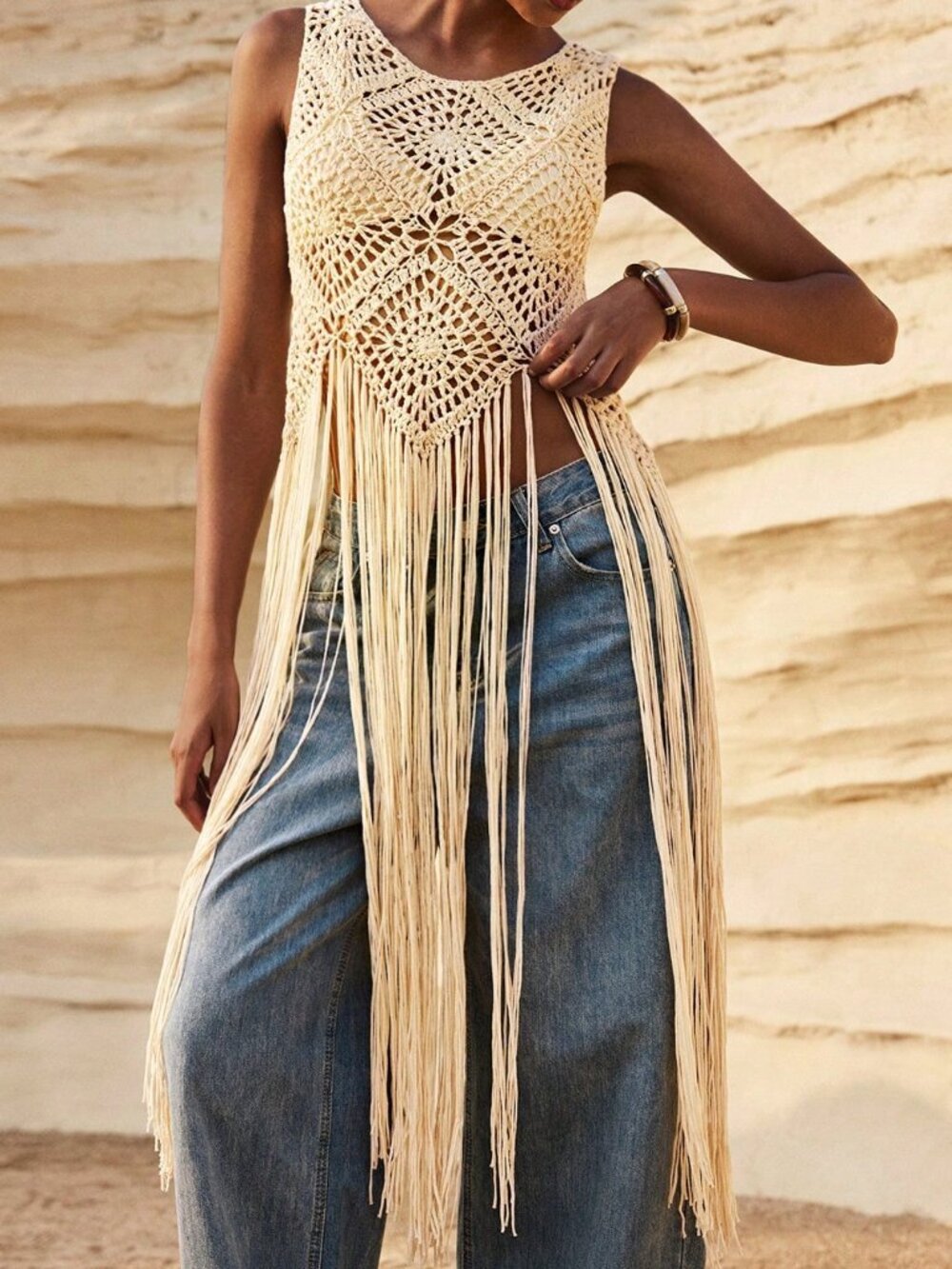 Apricot Casual Women's Fringed Hem Sleeveless Knit Top Boho Beach Holiday - Picture 3 of 7